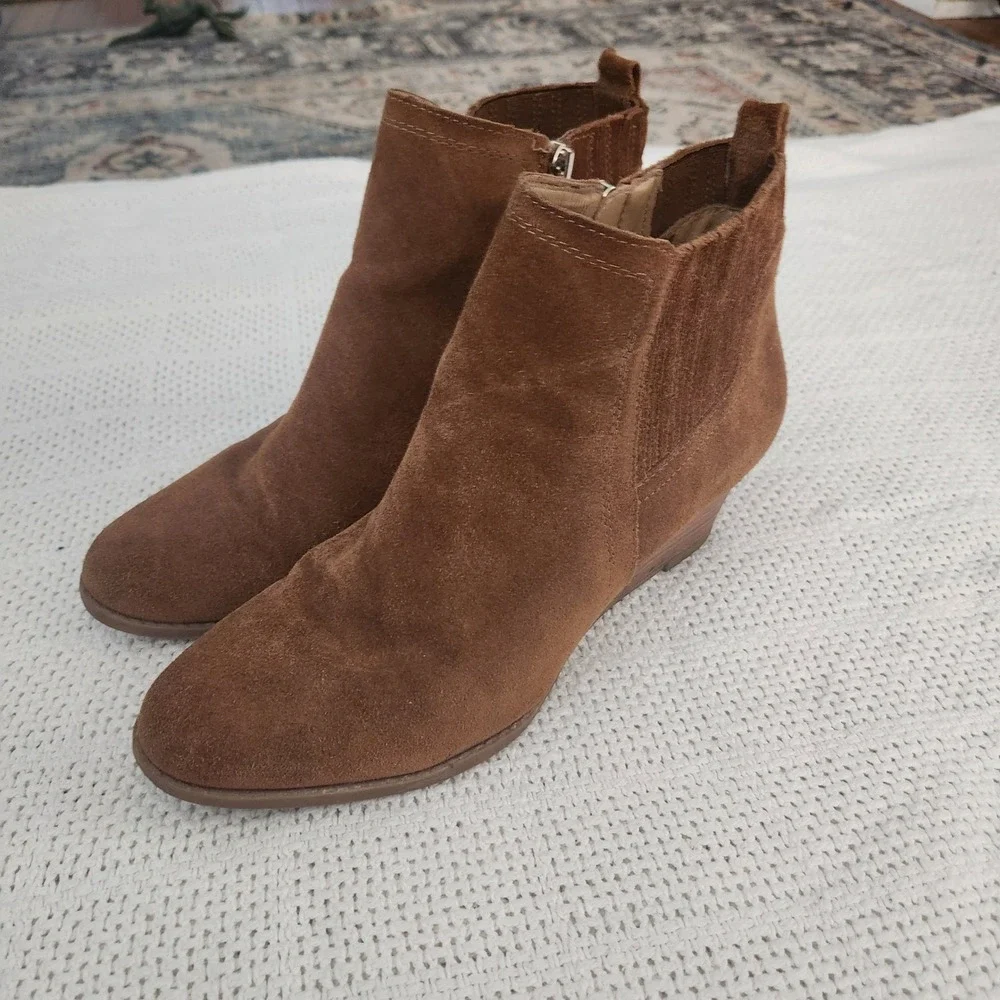 Franco Sarto Wayra Brown Suede Wedge Ankle Boots Womens‎ 9M Side Zip Booties